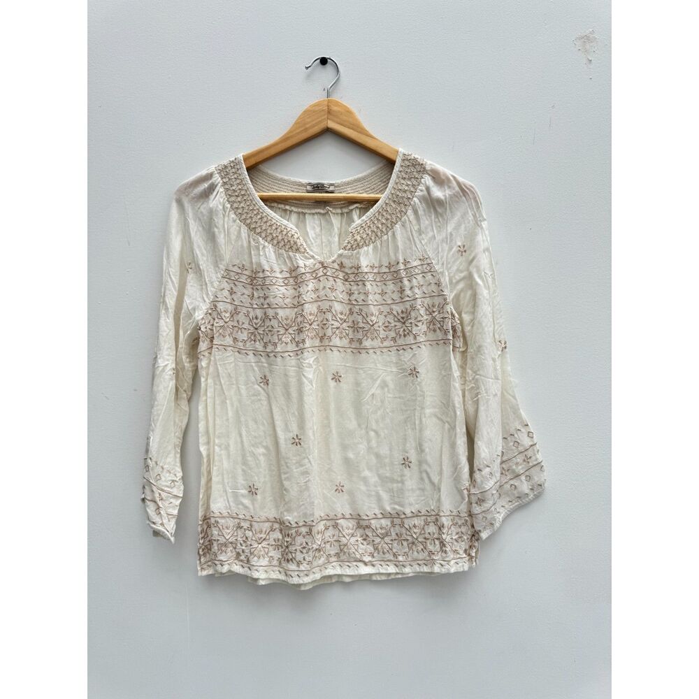 Lucky Brand Embroidered Boho Peasant Top Cream Long Sleeve Size M